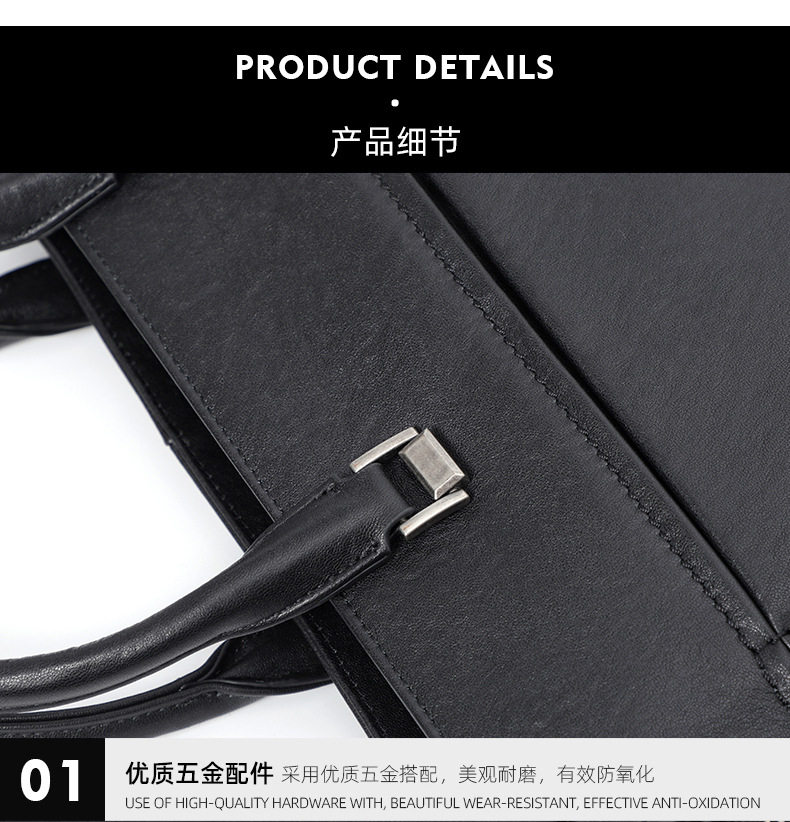 Túi xách tay công sở nam da bò lớp đầu, cặp đựng laptop 15.6 inch nhiều ngăn, 39×7×29 cm — Màu đen chi tiết 18