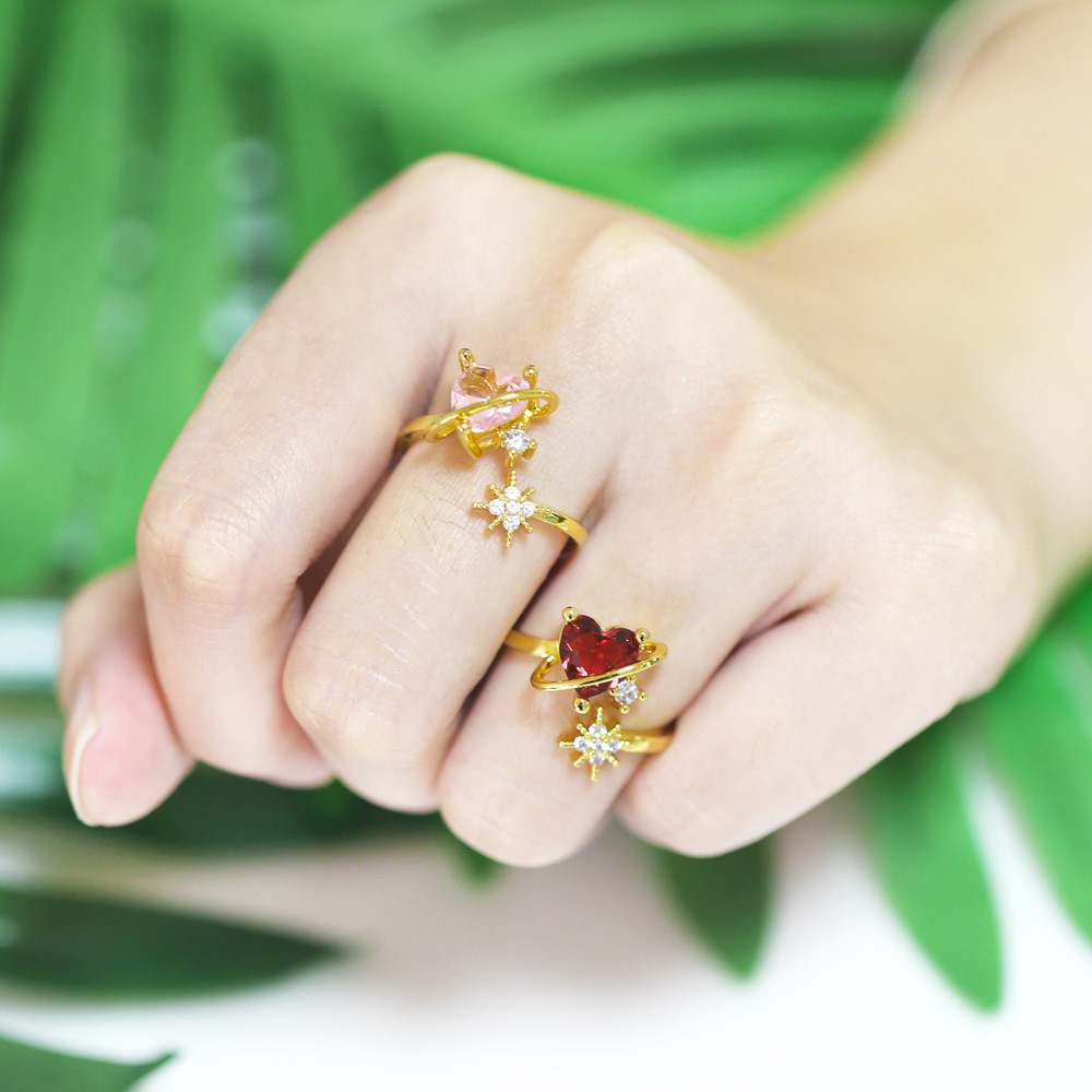 fashion inlaid zircon heart-shaped eight-pointed star copper opening ring