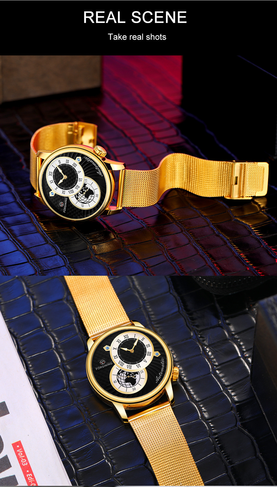 Men's Mechanical Watch With Earth Pattern And Leather Steel Strap_voghion.com