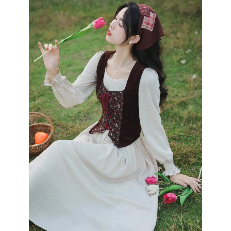 欧洲复古中世纪宫廷裙法式少女田园系碎花油画马甲连衣裙套装|undefined