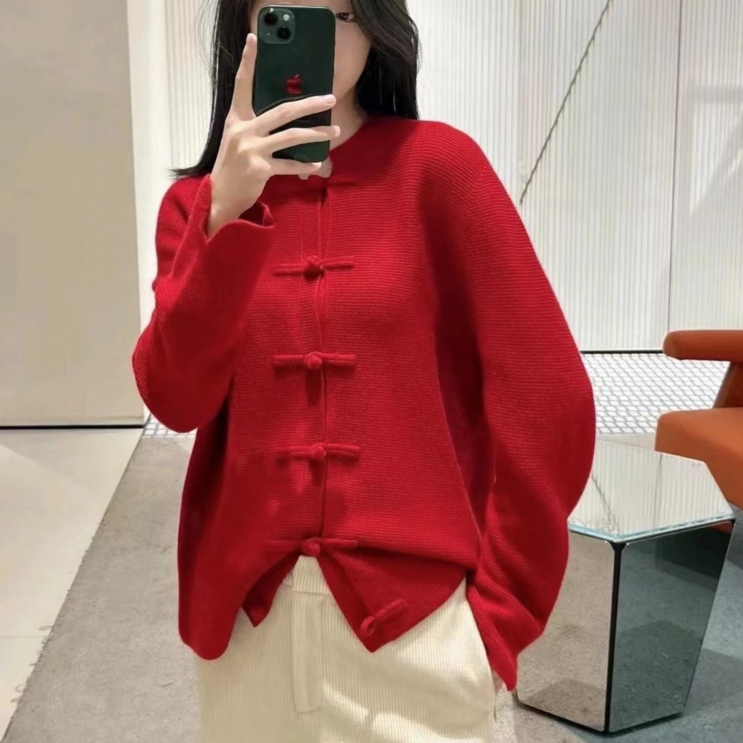【礼物系列】善系列中式羊毛开衫女24春新款红色针织新年衣服女