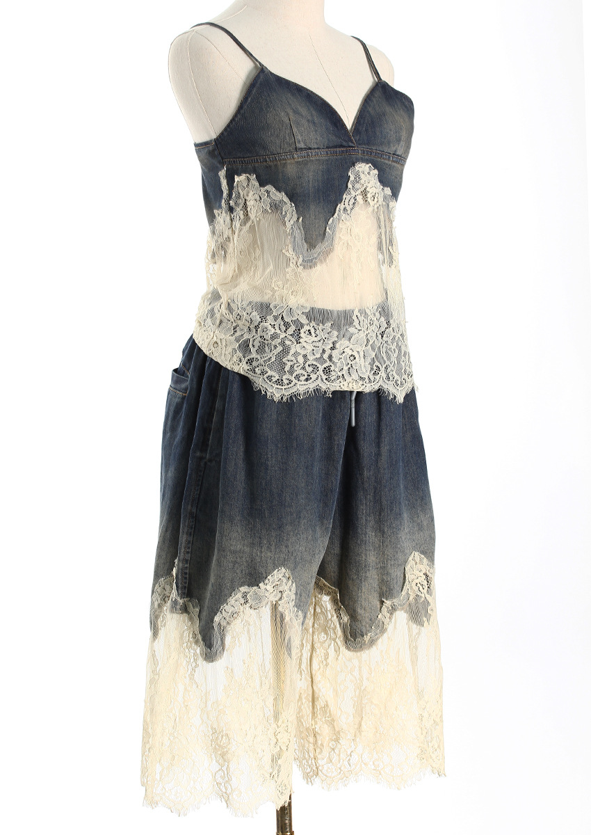 Personality Denim Two Piece Set Summer Drag Sister Sexy Lace Stitching Soft Surface Denim Suspender Shorts Sets