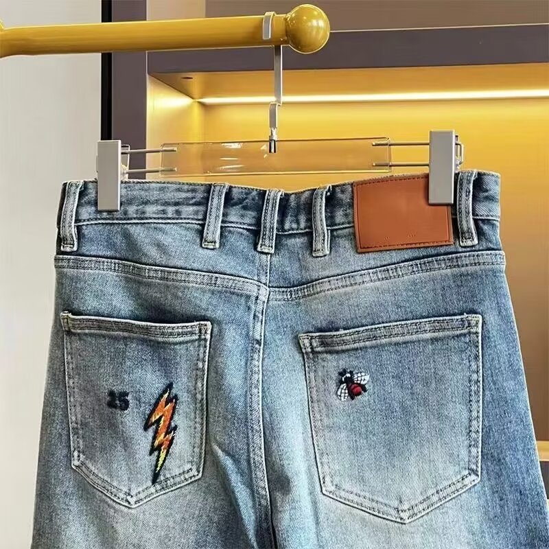 Men's Slim Fit High Stretch Jeans Ripped Embroidery Light Colored Mid Waist Straight Pants Trendy Autumn Trousers_mkmklike.com