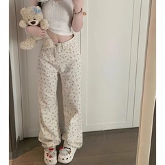 レトロな白い花柄デニムパンツ レディース 春夏 ゆったり カジュアル ストレート 美脚効果 ワイドレッグパンツ インス風 ハイウエスト 美脚効果