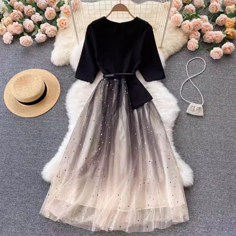 Women's Clothing summer new mesh dress female design sense splicing slim waist medium length first love fairy dress_senzul.com
