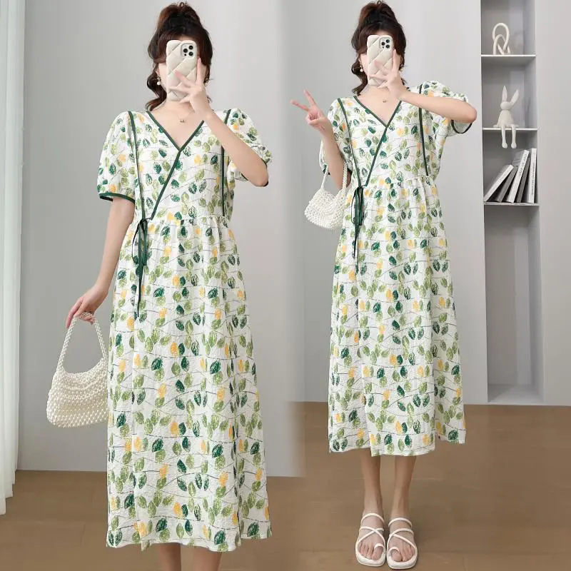 Maternity Short-Sleeve Fresh V-Neck Korean Style Breathable Tie-Up Skirt High-Waist Tummy-Covering Slimming Belly Support Pants Two-Piece Set