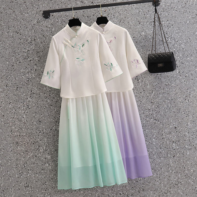 中国风复古禅茶服改良旗袍上衣大码女装刺绣渐变色雪纺裙装两件套