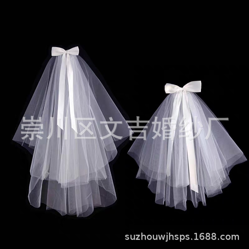 Parent-Child Adult Children Headscarf Wedding Dress Photo License Registration White Bow Short Layer Ribbon Internet Celebrity Style