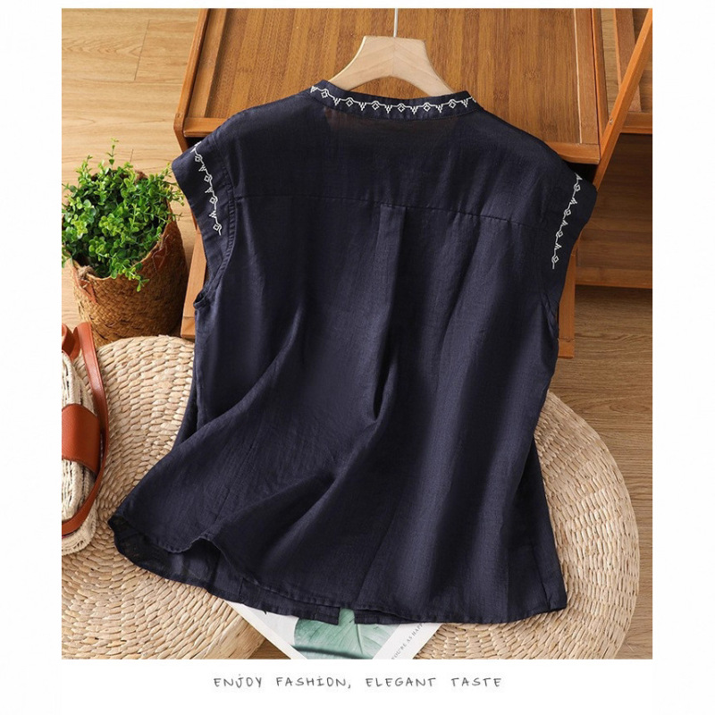 REAL SHOT # 2025 新しいリネン刺繍フライングスリーブシャツファッショナブルで多用途なカジュアルレディーストップ|undefined