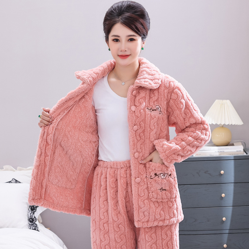 중년 및 노인 어머니를위한 봄 가을과 겨울 산호 양털 잠옷 중년 두꺼운 플란넬 따뜻한 집 옷 세트