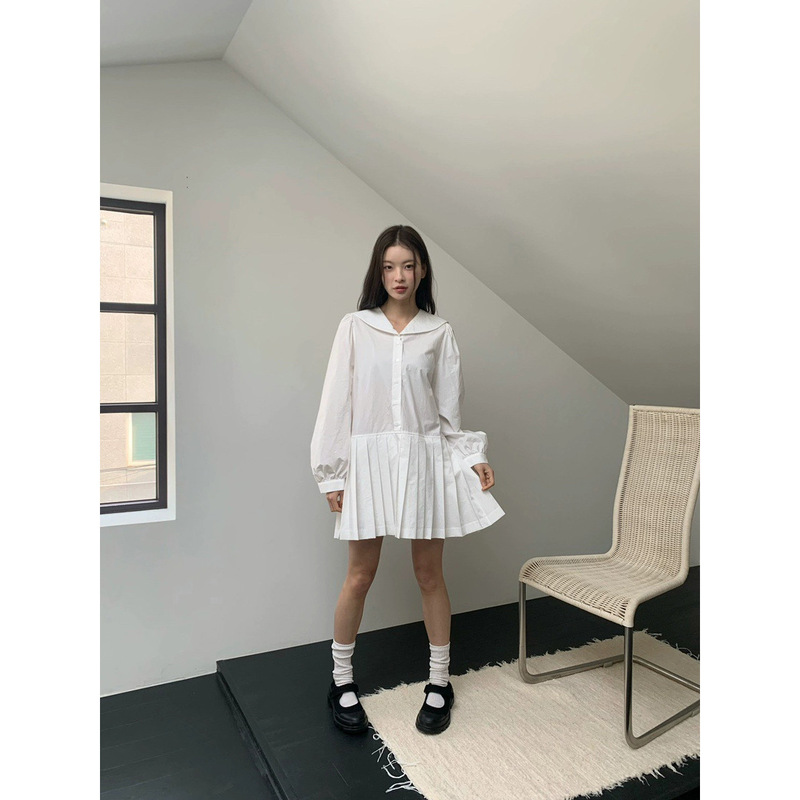 Now the New 2026 Autumn Collection Features a Navy-Style Large Lapel Pleated Shirt Dress by Korean Designer An*U Now the New 2026 Autumn Collection Features a Navy-Style Large Lapel Pleated Shirt Dress by Korean Designer An*U