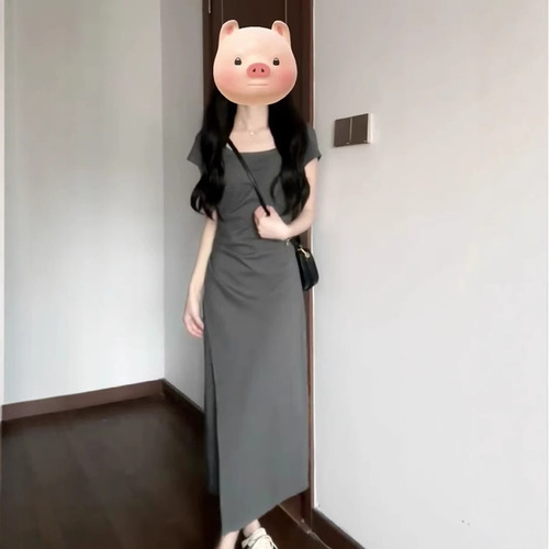Women's Summer 2025 New Gray Fitted Small Waist Collar Plication Dress, French A-Line Long Skirt