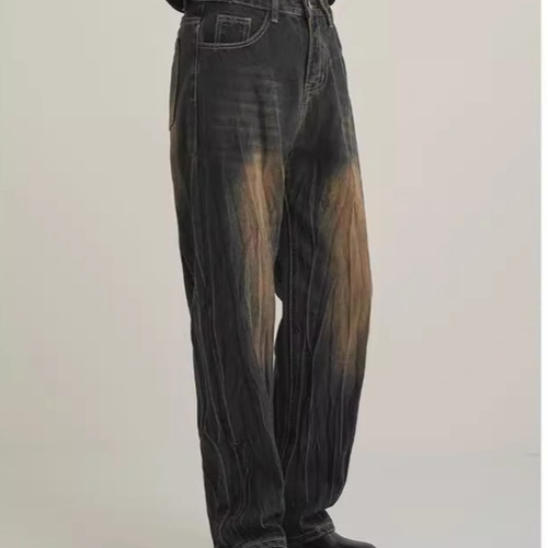 Vintage-worn pleated design men's high street American retro trendy brand loose straight-leg pants with retro relaxed vibe