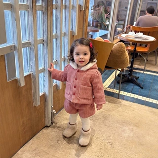 女宝宝超萌冬季新款套装婴幼儿加绒保暖连帽棉服可爱条纹外穿上衣
