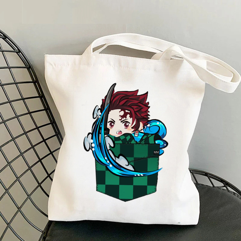 Comercio exterior transfronterizo Demonio Slayer impresión bolsa de lona Harjuku bolsa de hombro moda bolsa de compras portátil en stock