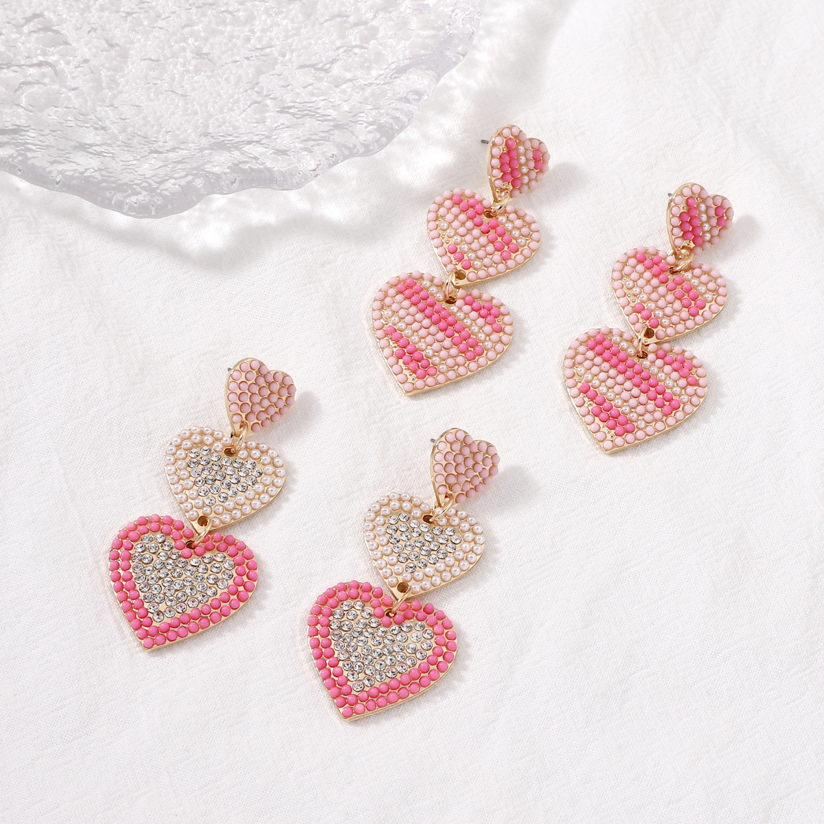 Inlay Design 1 Pair Cute Sweet Heart Shape Inlay Alloy Artificial Pearls Rhinestones Drop Earrings