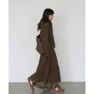 EIGHTHMONTH 咖色拼接灯芯绒格子半身裙女2025冬季新款小众长裙