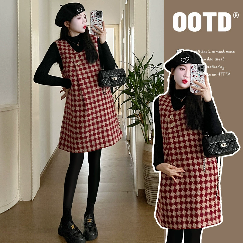 Одежда для беременных, осенне-зимнее утолщенное шерстяное платье на подтяжках в стиле Шанель в западном стиле, костюм из двух частей для беременных, прикрывающий живот, без демонстрации моды