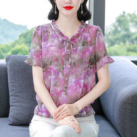 2025夏季新款短袖上衣女士时尚百搭碎花雪纺衫气质印花女装批发