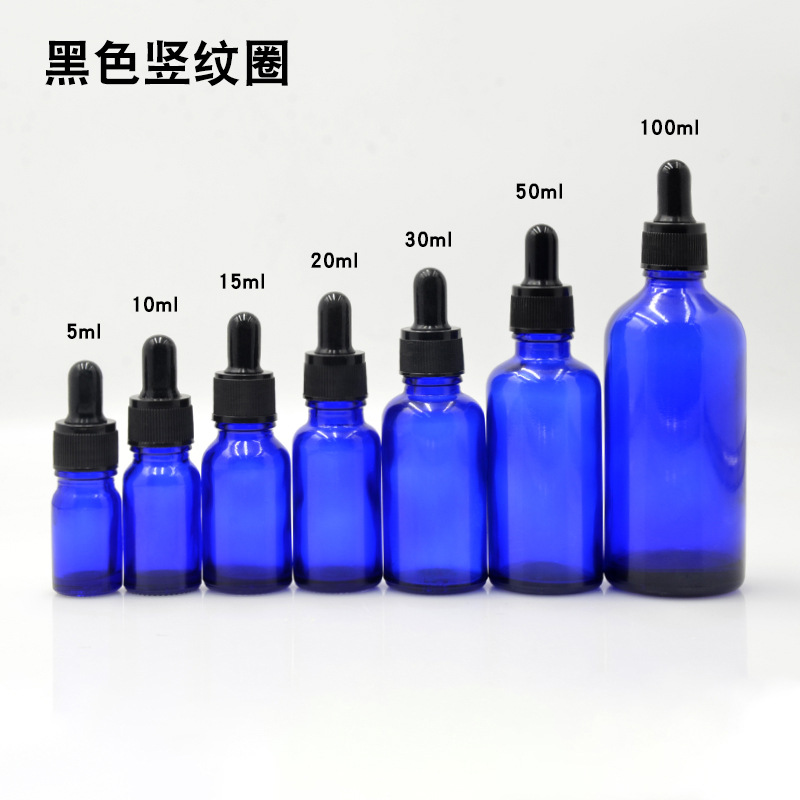Botella vidrio azul 5 a 100ml con cuentagotas para aceites