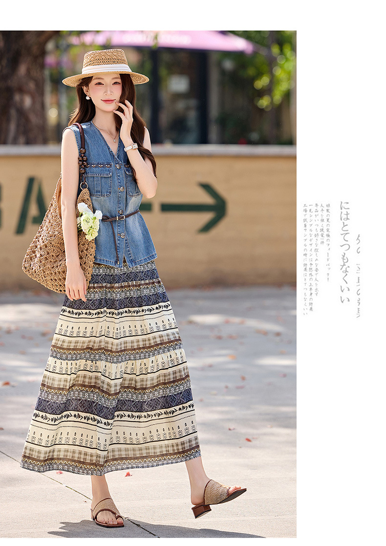 Bộ váy hai mảnh denim nữ V-neck áo vest in họa tiết chân váy midi — Màu ảnh chi tiết 11