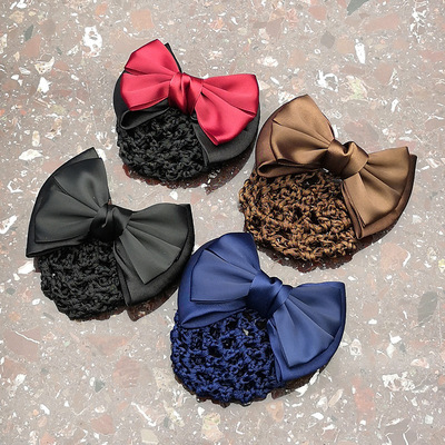 韓國簡約雙蝴蝶結服務員網兜銀行空姐職業頭花銀行移動職員網花女