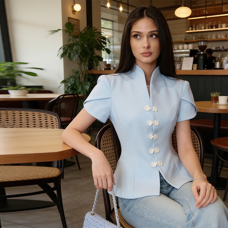 New Chinese-style, simple and elegant, stand-up collar, buttoned, waist-cinching, pleated, short-sleeved, short-length shirt, cross-border women's clothing supply