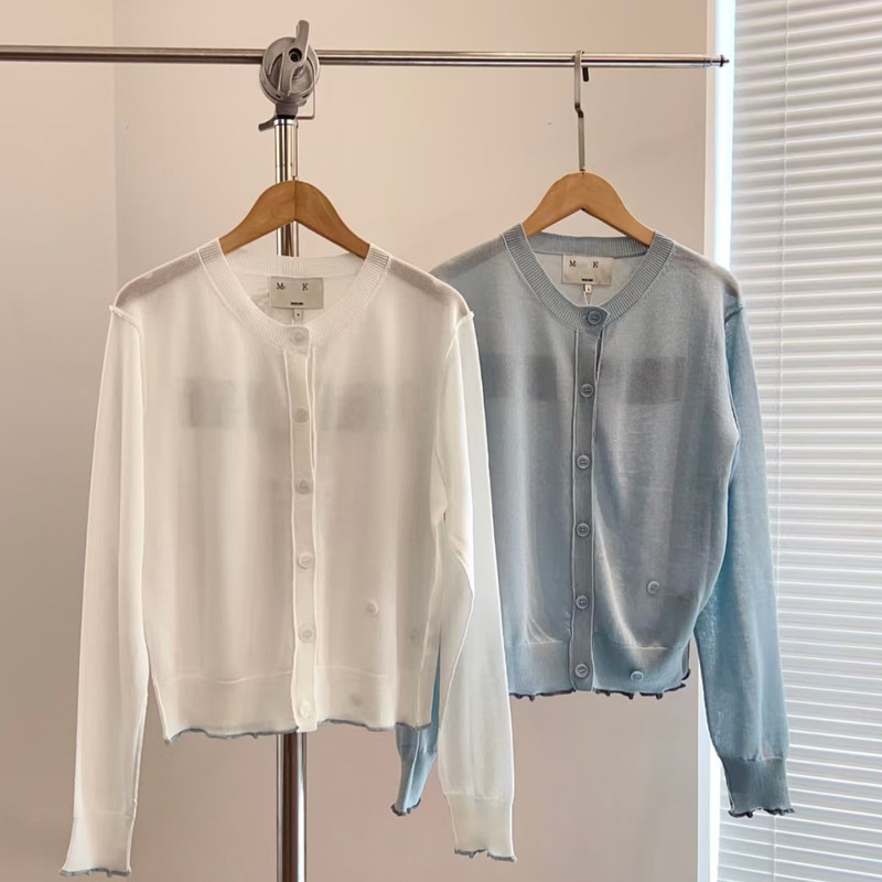 Korean Style Lightweight Sheer Ice-Feel Letter Jacquard Knit Cardigan Sun Protection Jacket Air Conditioning Shirt Dongdaemun