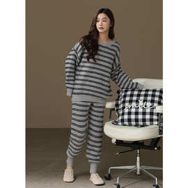 【半边绒】软绵绵条纹睡衣女秋冬季加厚珊瑚绒保暖束口家居服套装
