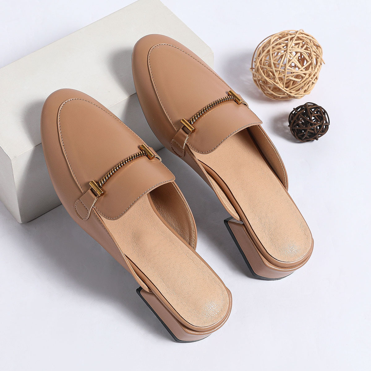 The New Spring Chunky Heel Sandals Slip On Baotou Drag Fashion All Match Soft Bottom Metal Buckle Summer Pointed Toe_voghion.com