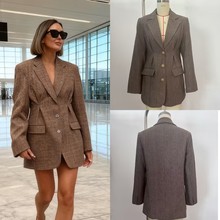 跨境外贸秋季新款女装欧美风时尚通勤斜纹毛呢翻领收腰西装外套