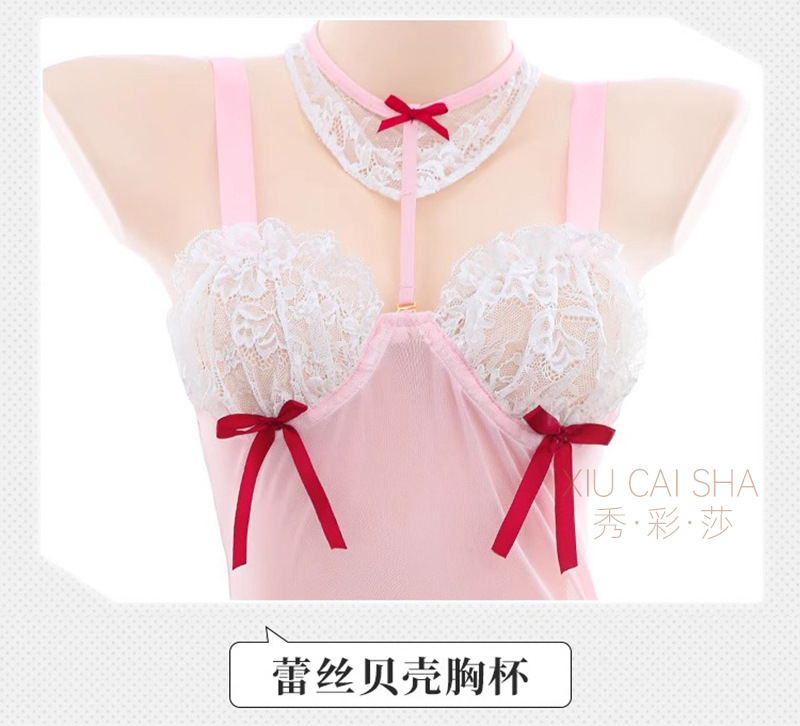 Bunny Girl Maid Lingerie Set with See-Through Mesh and Lace Trim, Pink with White Stockings — detail image 18