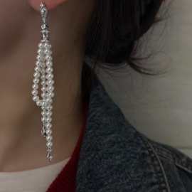 法式复古镶钻长款珍珠流苏耳环女夸张气质设计感耳环小众设计饰品