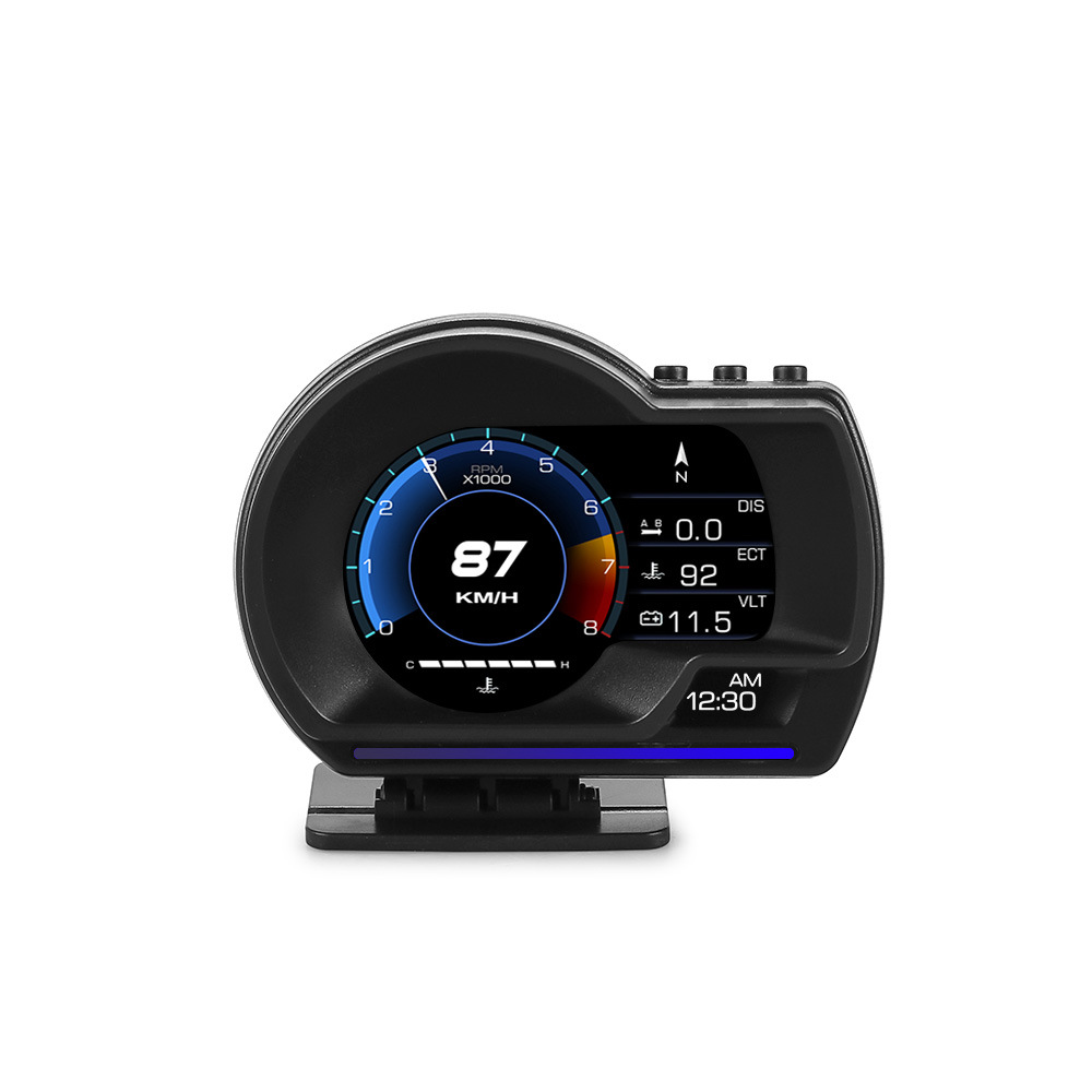 Full LCD screen OBD2 multi-function head-up display with water temperature, exhaust temperature, turbo intake speed, oil temperature, speedometer, and GPS