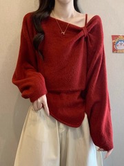 大码斜肩长袖红色毛衣套装上衣女装秋季2025新款百搭胖mm针织吊带