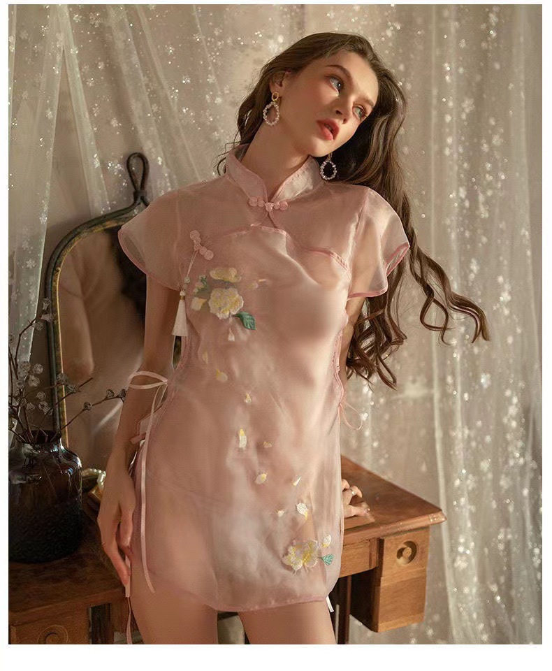 Cheongsam-Style Lace Lingerie Set with Sheer Nightdress and White Bodystocking — detail image 8