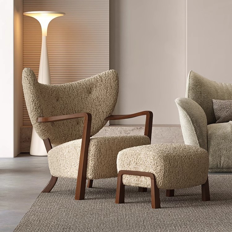 Moyu Woolf Leisure Chair Milk Tea Brown French Retro Style Solid Wood Antique Style Cashmere Single Sofa Chair Moyu Woolf Leisure Chair Milk Tea Brown French Retro Style Solid Wood Antique Style Cashmere Single Sofa Chair