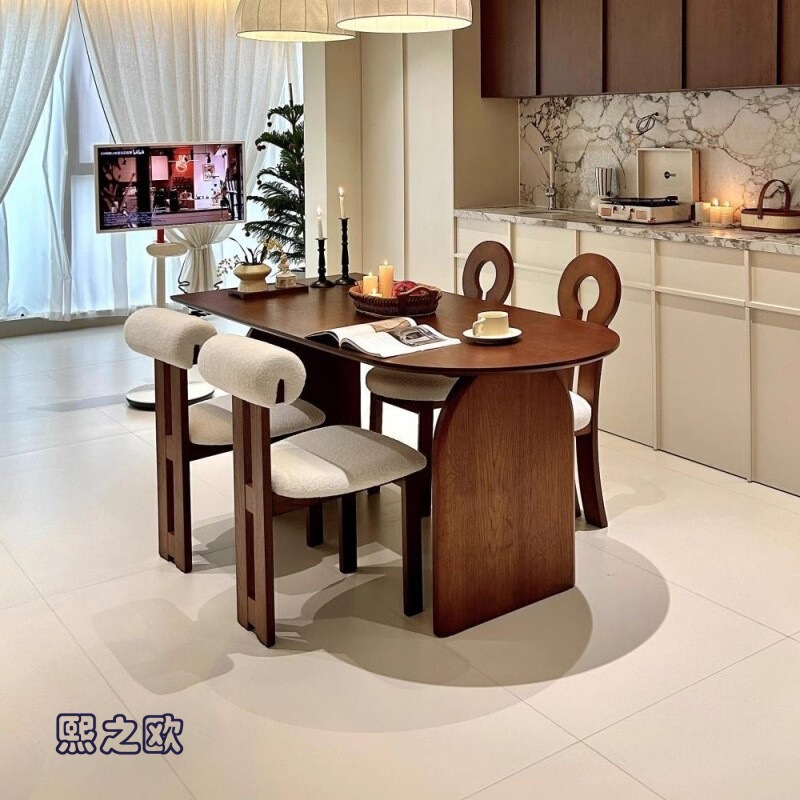 Oval-Shaped High-Quality Ash Wood Vintage Dining Table for Home Use in the Living Room, French Mid-Century Style Solid Wood Dining Table and Chair Set Oval-Shaped High-Quality Ash Wood Vintage Dining Table for Home Use in the Living Room, French Mid-Century Style Solid Wood Dining Table and Chair Set