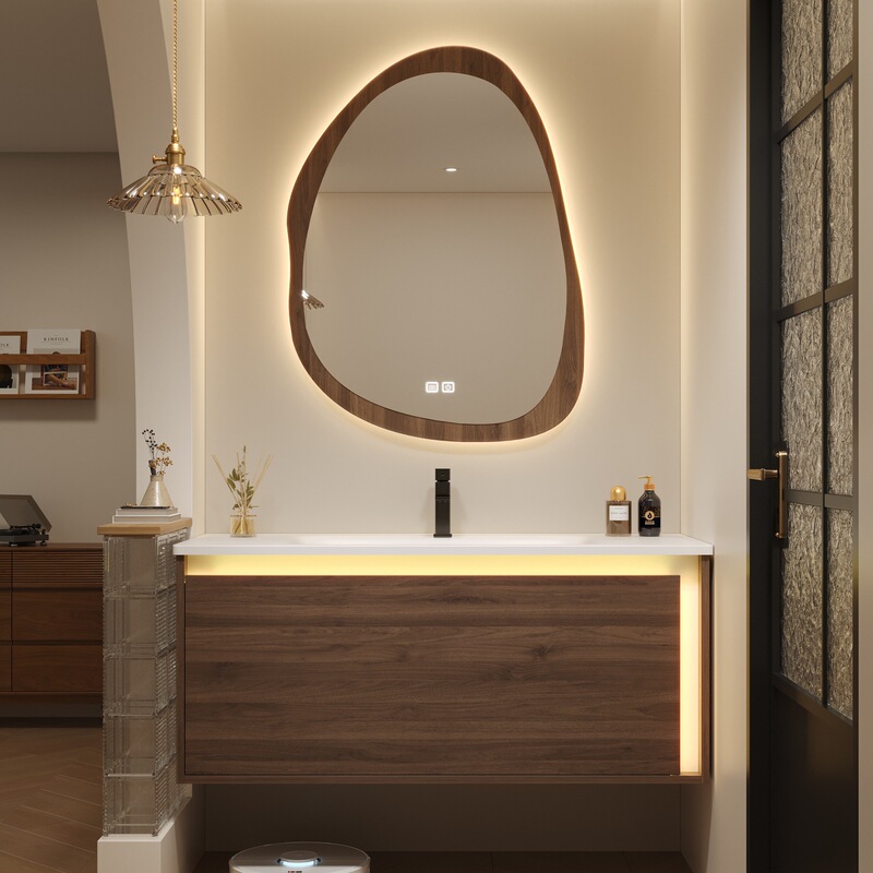 Rock Slab Hot-Bent Integrated Basin, Solid Wood Bathroom Cabinet, Vintage Style Wall-Mounted Washbasin, Exclusively for Cross-Border Sales