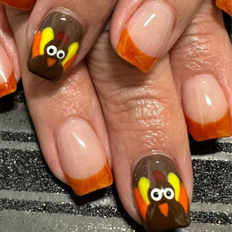 Cross-border foreign trade Easter-themed short square cartoon little turkey orange French-style press-on nails, 24-piece box set Cross-border foreign trade Easter-themed short square cartoon little turkey orange French-style press-on nails, 24-piece box set