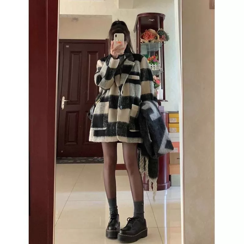 PASS корейское ретро клетчатое шерстяное пальто женское зимнее 2023 новое чувство костюм воротник шерстяной кардиган прилив