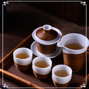 New Handmade Bamboo Silk Button Fine Woven Hand-painted Suet White Jade Celadon Built-in Heat Insulation Cover Bowl Master Cup Kung Fu Tea Set