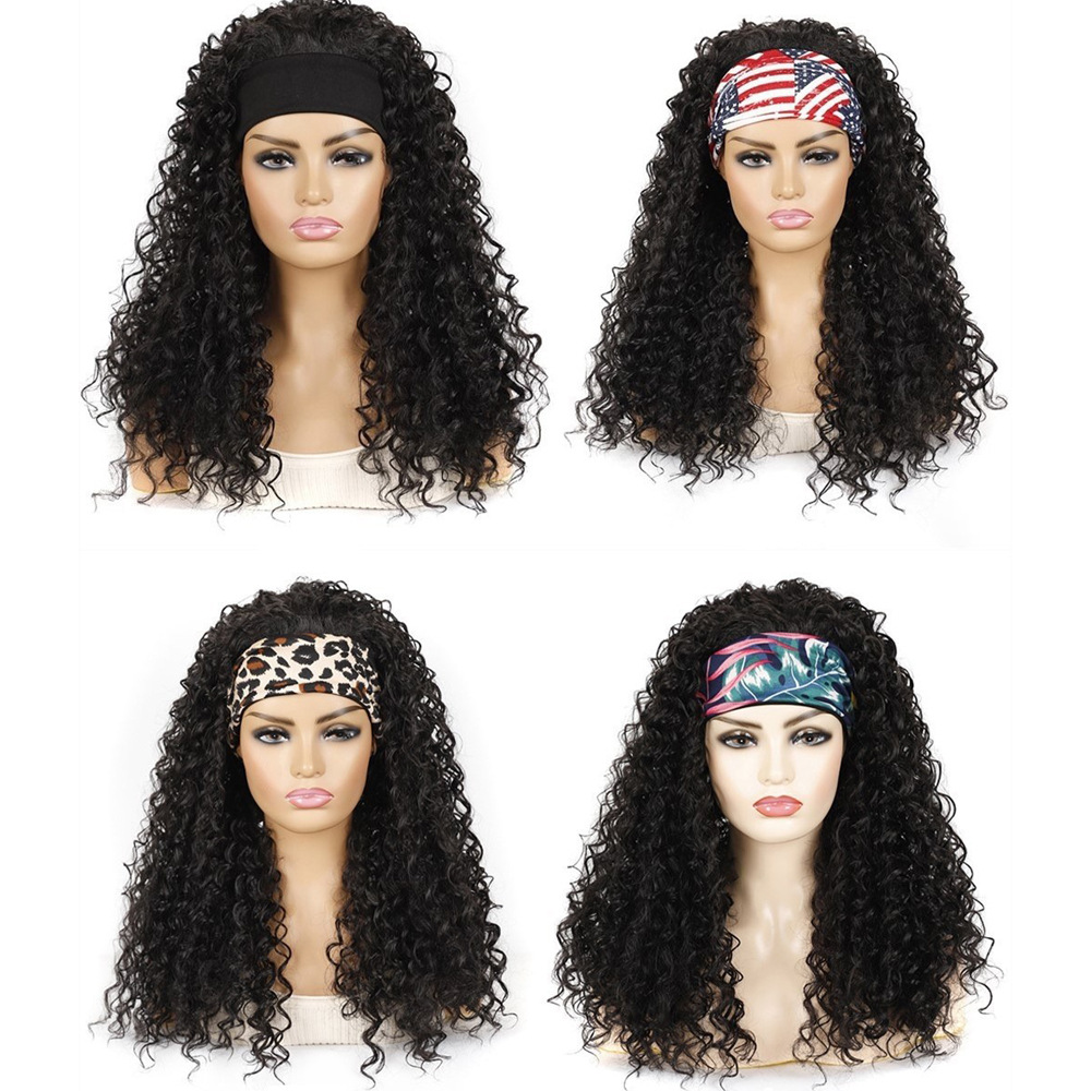 Perruque synthétique cheveux longs bandeaux de perruque bouclés profonds et bandeaux en fibres synthétiques_voghion.com