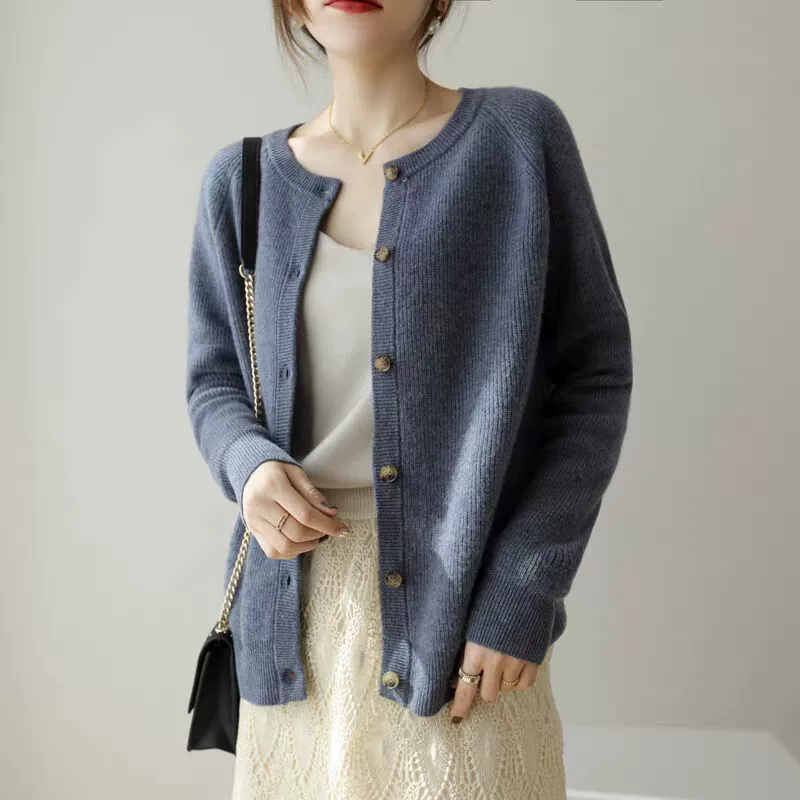 Demi-season cardigan, woolen sweater, jacket, round collar, loose fit