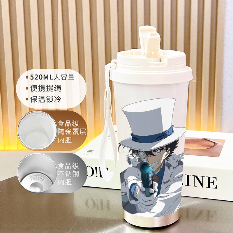 新款名侦探柯南保温吸管水杯大容量高颜值随身杯不锈钢双饮咖啡杯|undefined