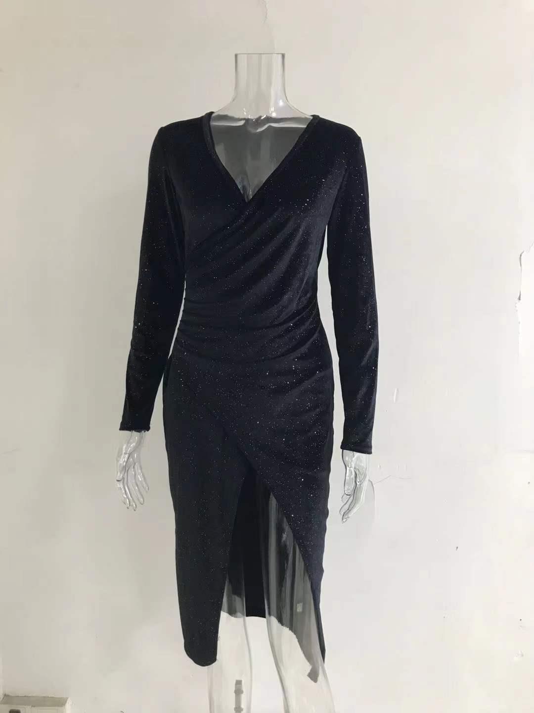 Abito da sera in velluto maniche lunghe midi completo club_voghion.com