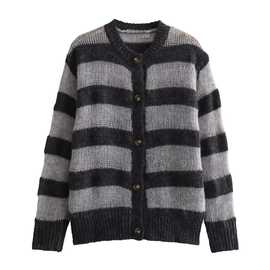 跨境外贸2025秋季新款圆领毛衣单排扣温柔慵懒马海毛针织衫外套女