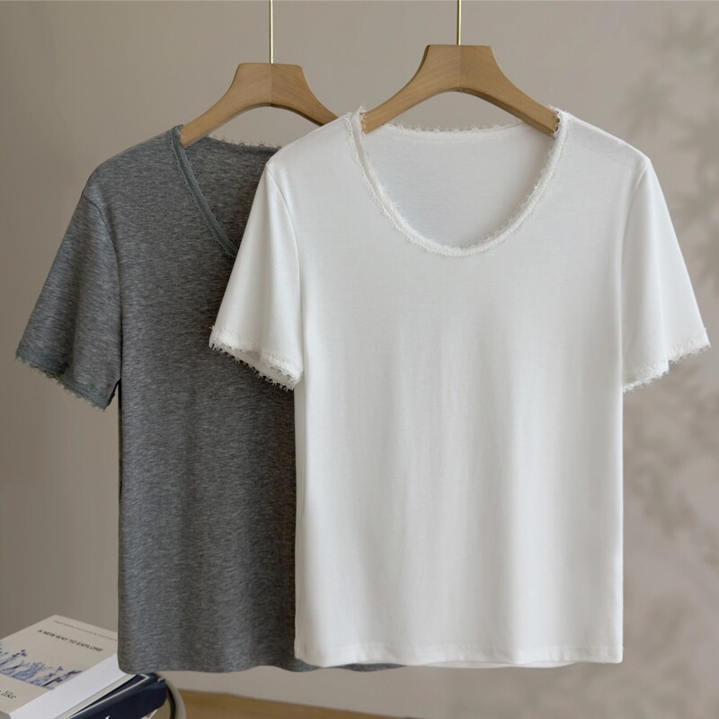 Minimalist Tencel Wool Lace Trim U-Neck White T-Shirt for Women, Summer 2026, Casual Versatile Regular Shoulder Short Sleeve Top Minimalist Tencel Wool Lace Trim U-Neck White T-Shirt for Women, Summer 2026, Casual Versatile Regular Shoulder Short Sleeve Top