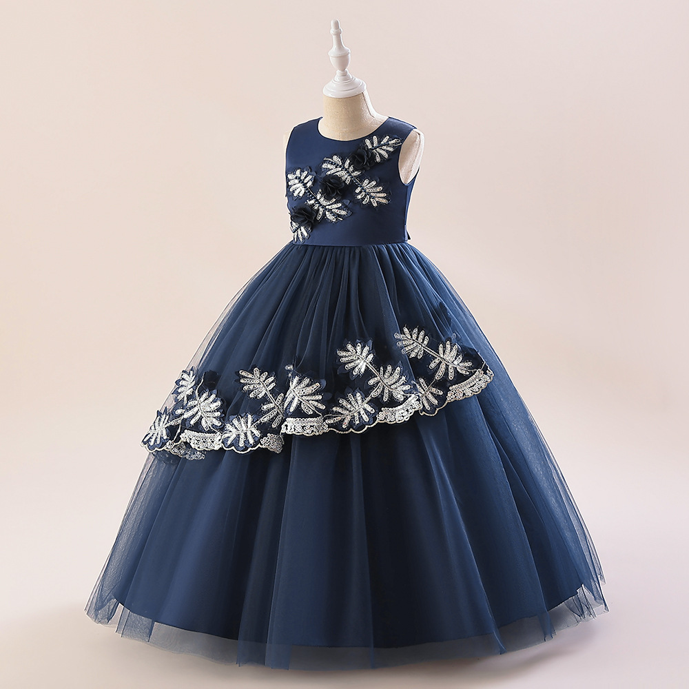 Amazon nuevo verano niñas vestido sin mangas bordado encaje cintura Correa elegante pasarela vestido de los niños