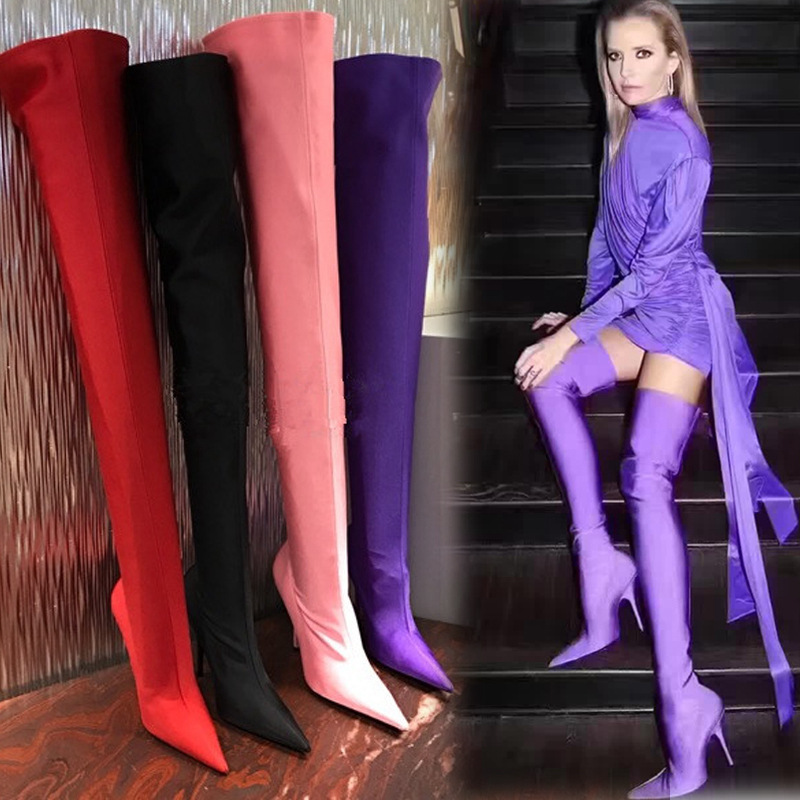 New Sexy Pointed Toe Stiletto Satin Ultra High Heel Women's Elastic Over-The-Knee Boots Slim Leg Long Tube Catwalk Large Size Socks Boots